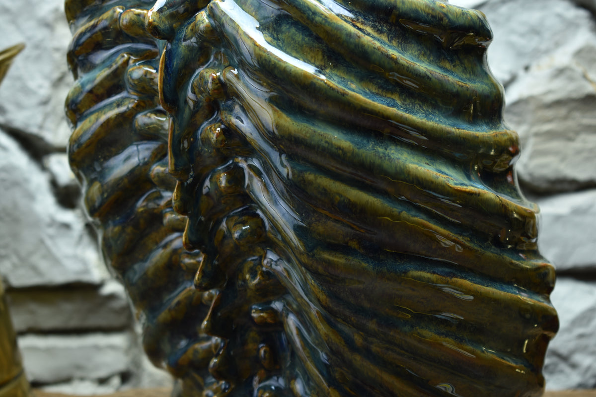 Handmade ribcage vase brown/blue/green effect glaze