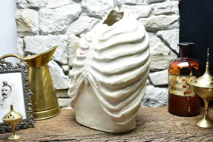 Handmade ribcage vase shiny white and bloody effect glaze