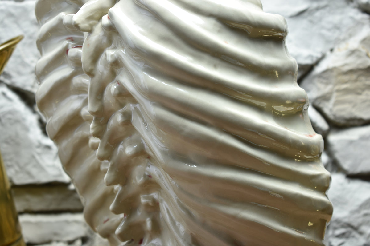 Handmade ribcage vase shiny white and bloody effect glaze