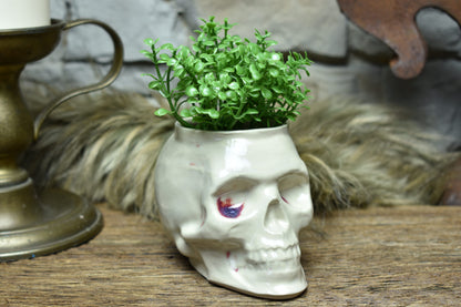 Small skull plantpot white and red bloody effect glaze