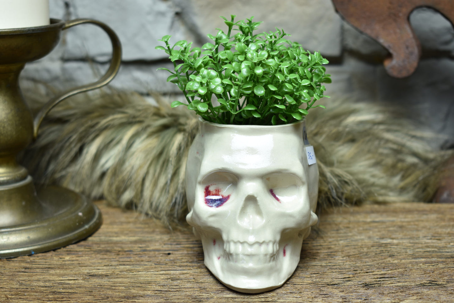 Small skull plantpot white and red bloody effect glaze