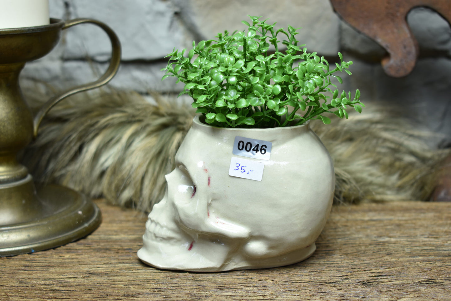 Small skull plantpot white and red bloody effect glaze