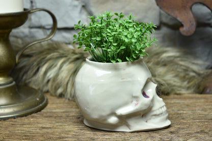 Small skull plantpot white and red bloody effect glaze