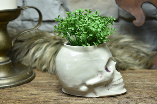 Small skull plantpot white and red bloody effect glaze