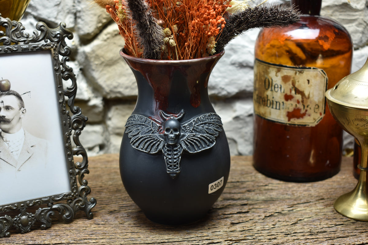 Handmade small vase with deathmoth black/red