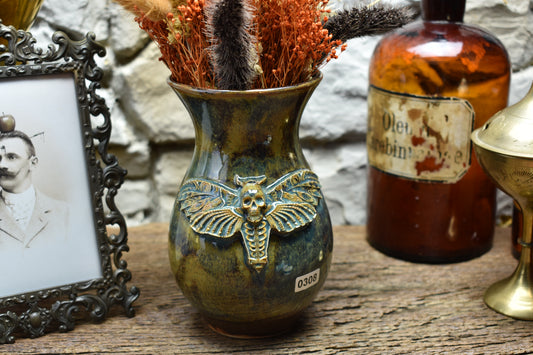 Handmade small vase with deathmoth brown/blue/green effect glaze