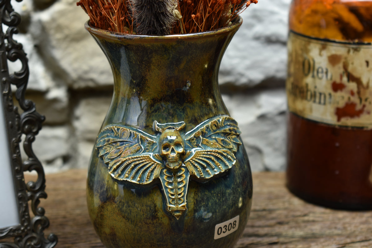 Handmade small vase with deathmoth brown/blue/green effect glaze