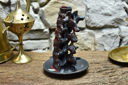 Spine candle holder medium black/red effect glaze