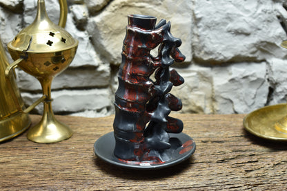 Spine candle holder medium black/red effect glaze