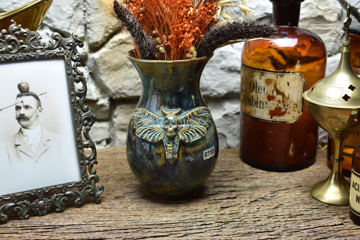 Handmade small vase with deathmoth brown/blue/green effect glaze 2