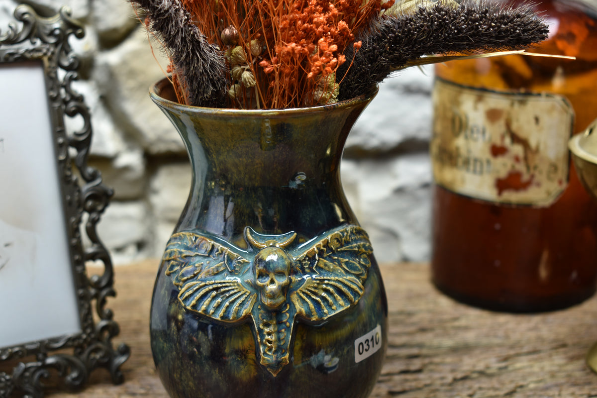 Handmade small vase with deathmoth brown/blue/green effect glaze 2
