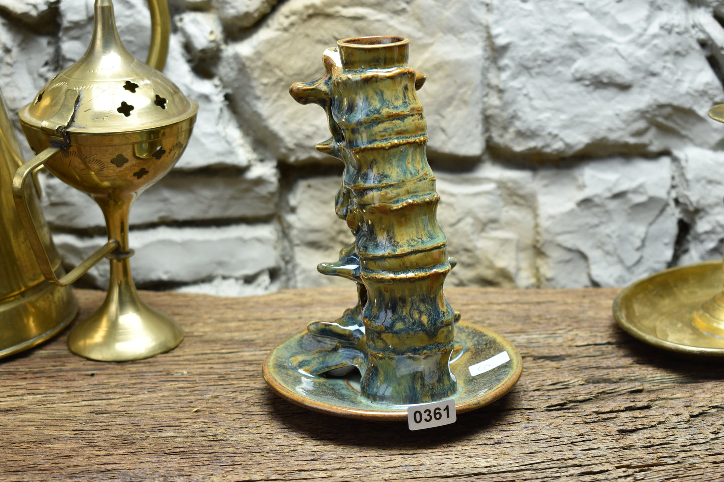 Spine candle holder medium blue/brown/green effect glaze 2