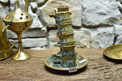 Spine candle holder medium blue/brown/green effect glaze 2