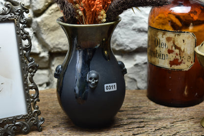 Handmade small vase with skulls black/shiny black effect glaze