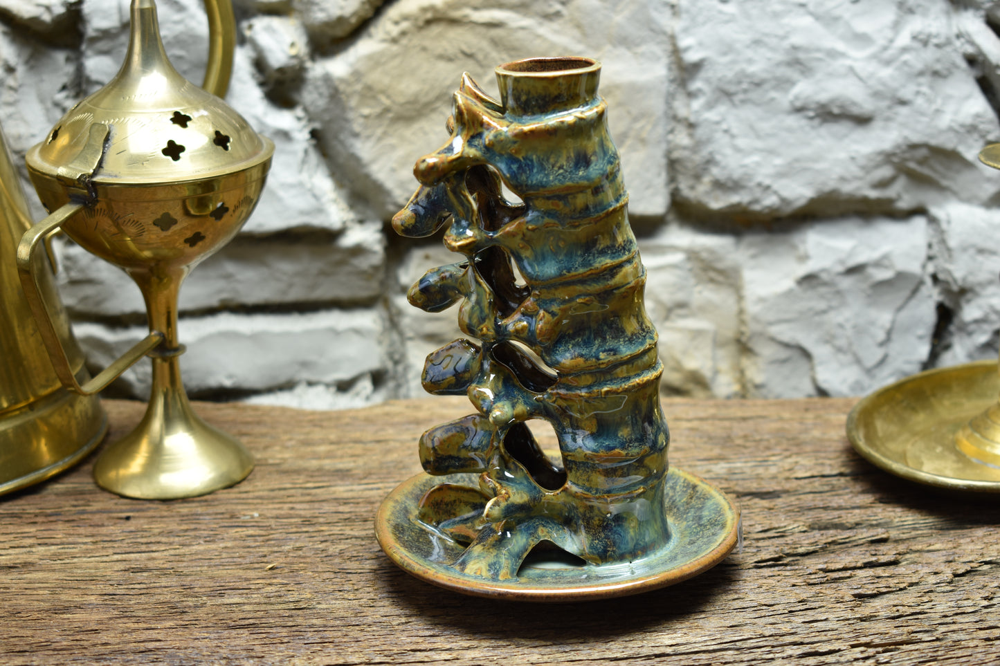 Spine candle holder medium blue/brown/green effect glaze 2