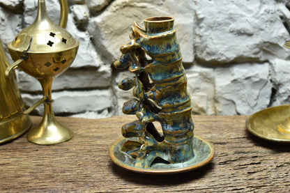 Spine candle holder medium blue/brown/green effect glaze 2