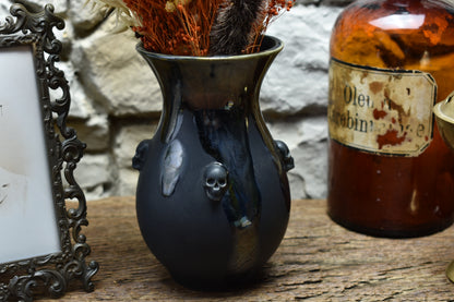 Handmade small vase with skulls black/shiny black effect glaze