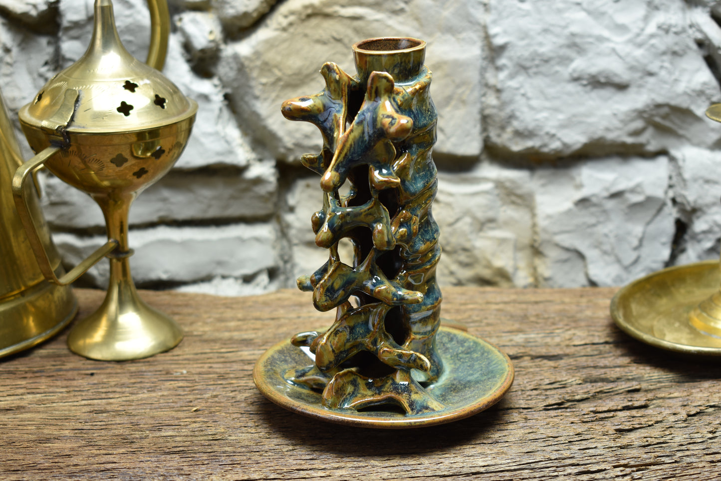 Spine candle holder medium blue/brown/green effect glaze 2