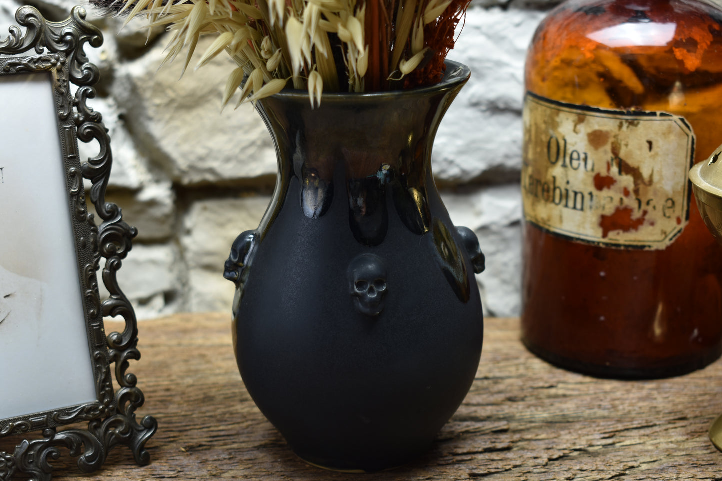Handmade small vase with skulls black/shiny black effect glaze