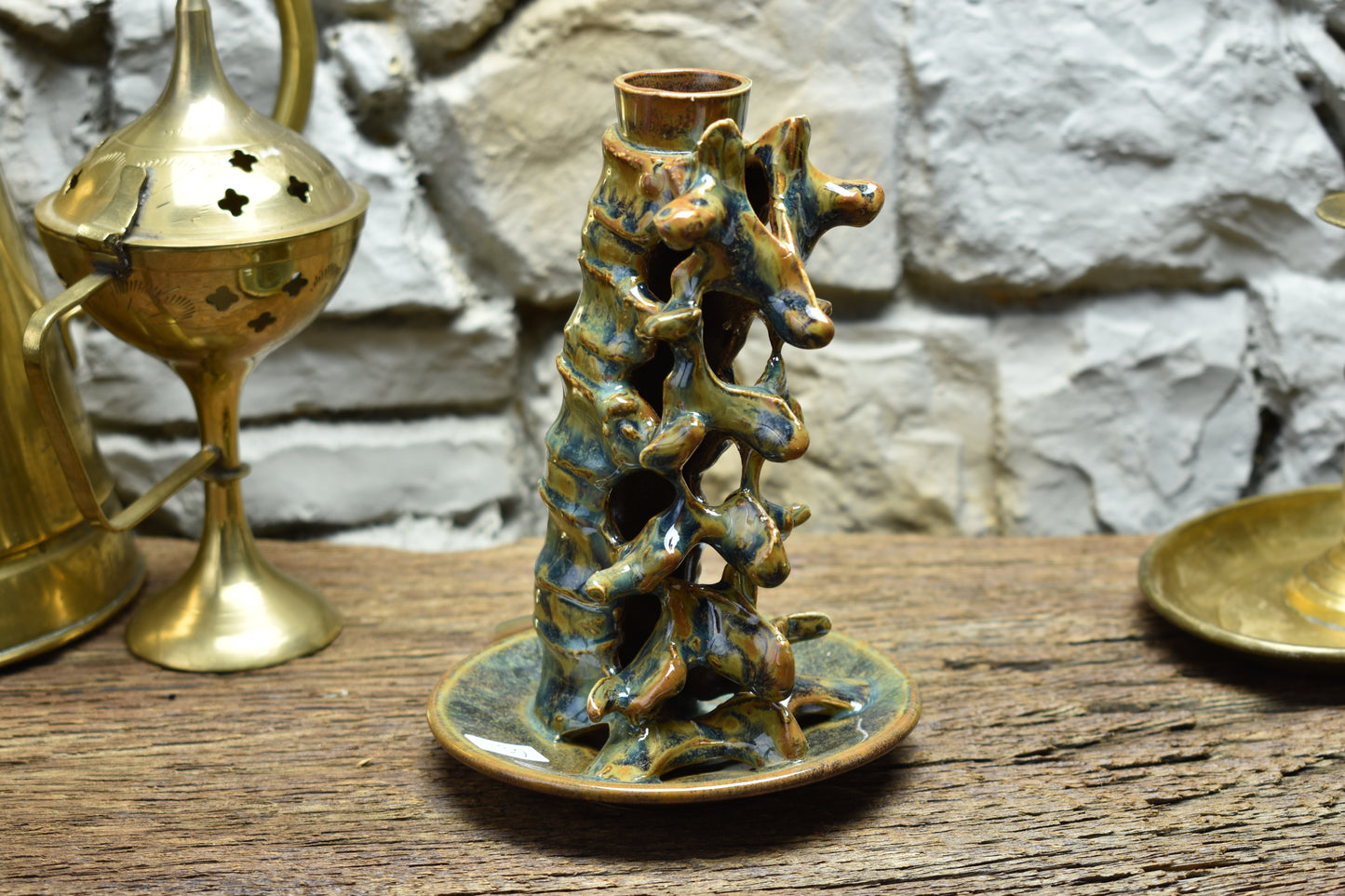 Spine candle holder medium blue/brown/green effect glaze 2