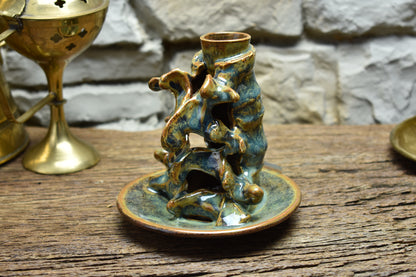 Spine candle holder small blue/brown/green effect glaze
