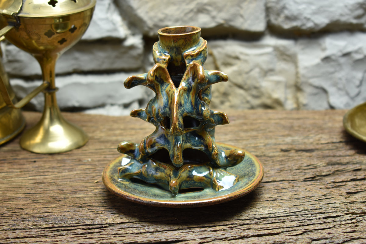 Spine candle holder small blue/brown/green effect glaze