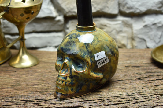 Skull candle holder blue/brown/green effect glaze