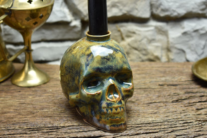 Skull candle holder blue/brown/green effect glaze