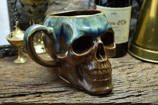 Skull mug Large brown and green/blue effect glaze