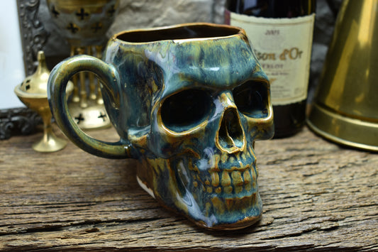 Skull mug Large green/blue effect glaze