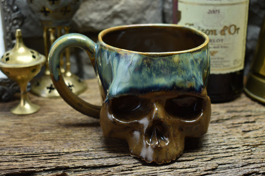 Skull mug medium brown & green/blue effect glaze