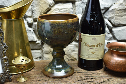 Handmade ceramic grail - brown/blue/green effect glaze