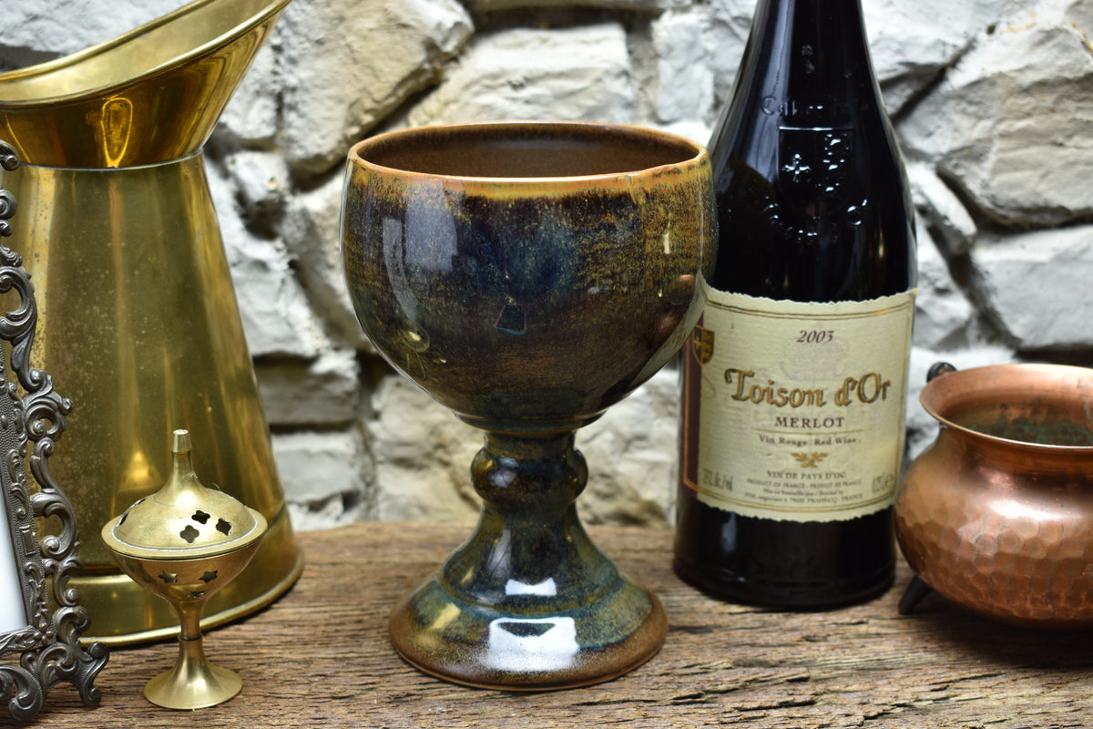 Handmade ceramic grail - brown/blue/green effect glaze