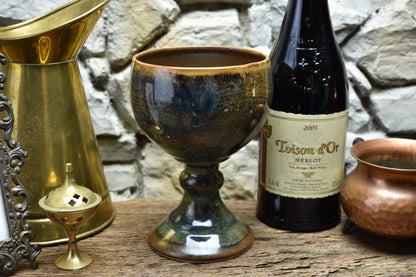 Handmade ceramic grail - brown/blue/green effect glaze