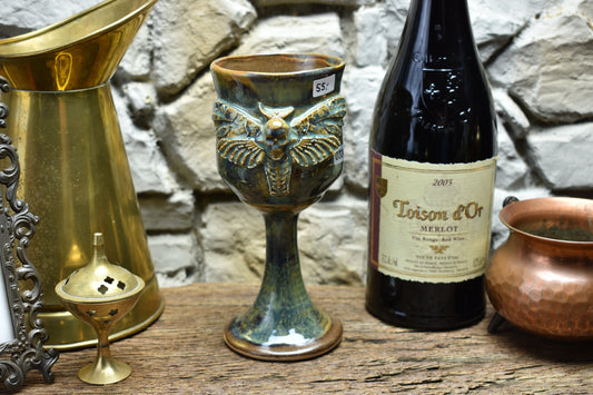 Handmade ceramic wine goblet with deathmoth - brown/green/blue effect glaze 2