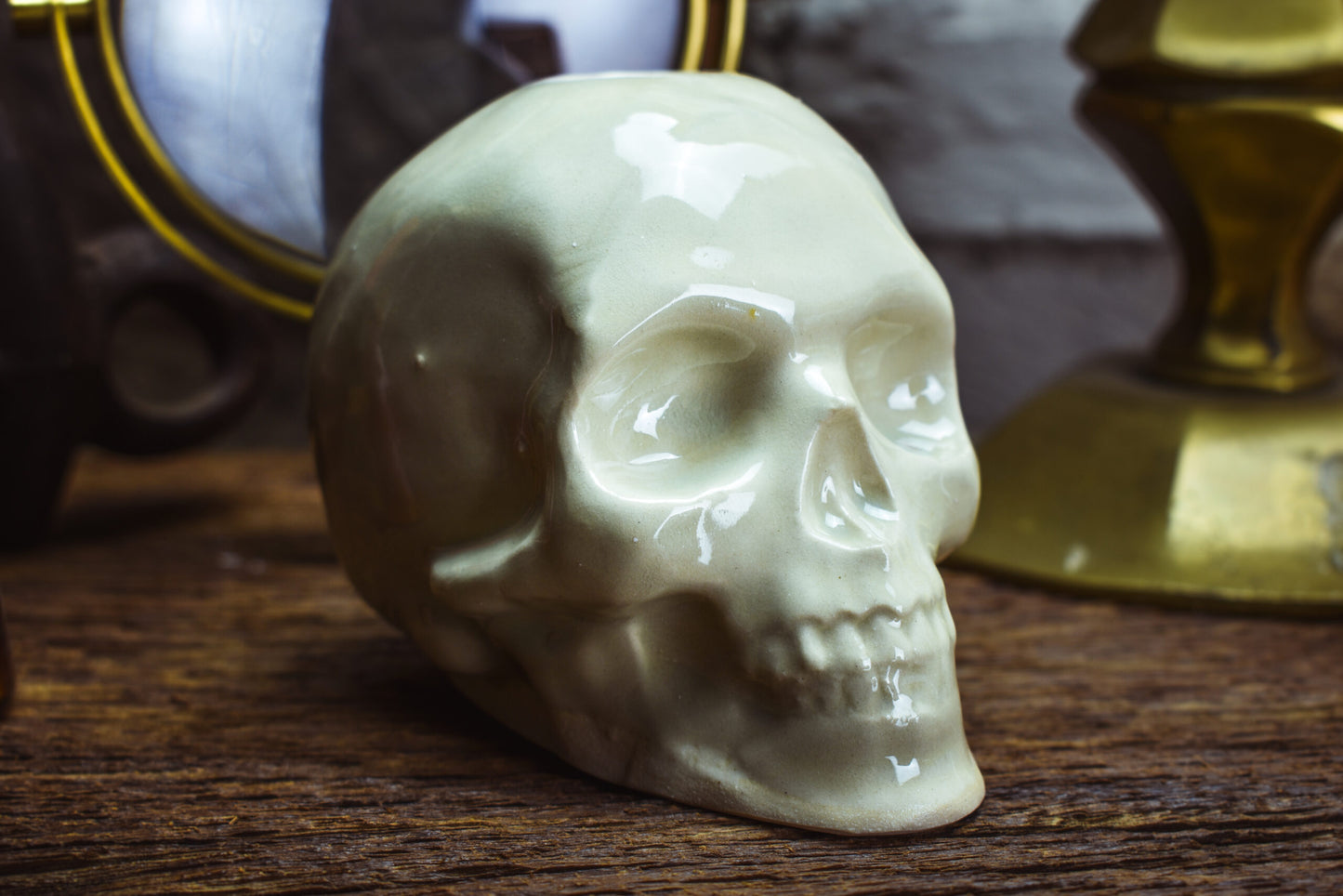 Handmade ceramic skull candle holder shiny offwhite glaze