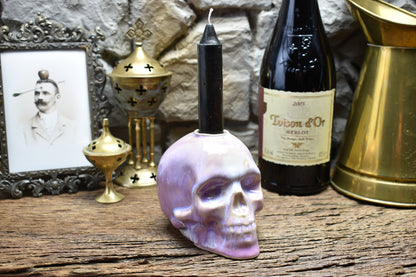 Skull candle holder lilac effect glaze