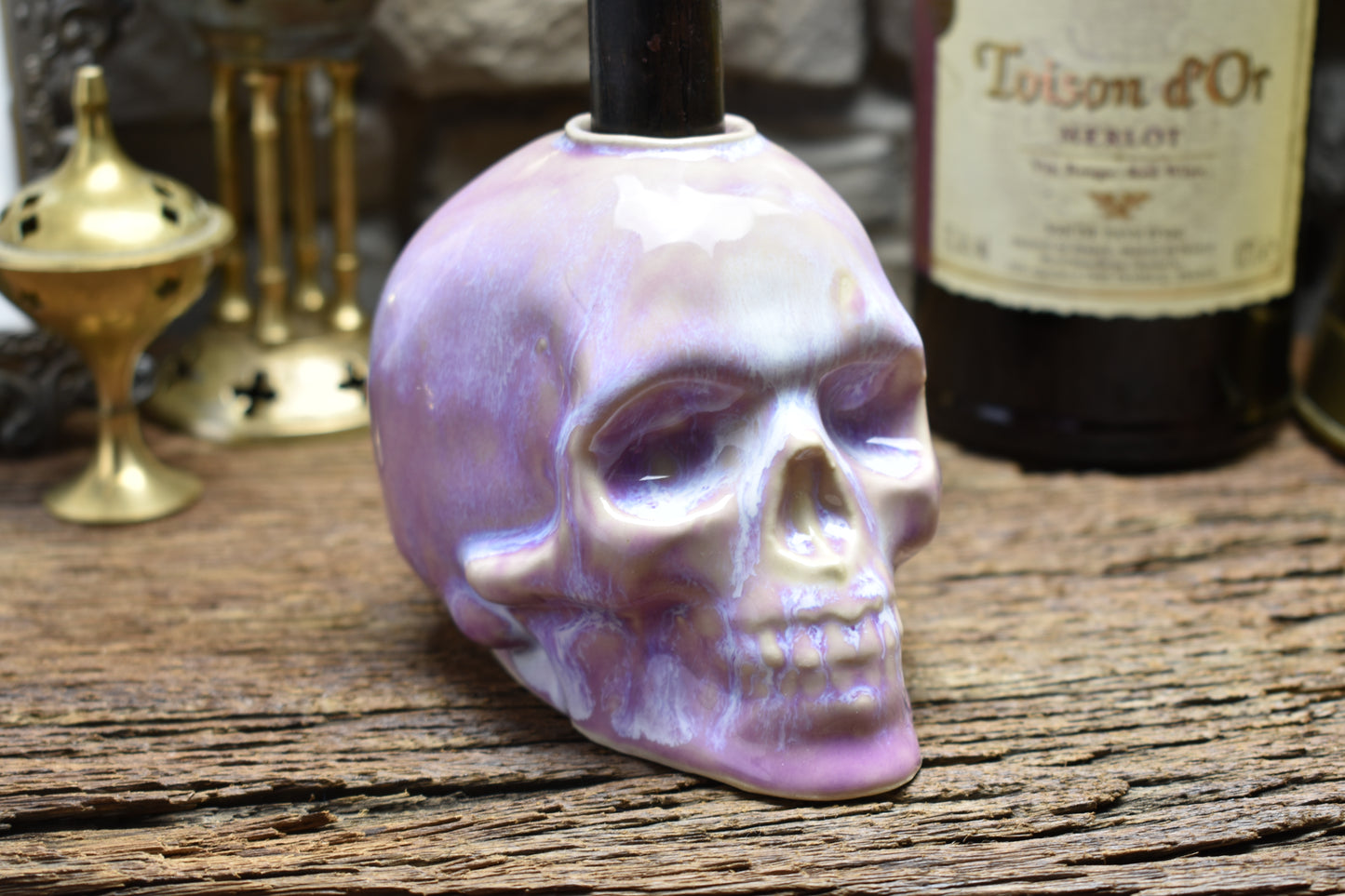 Skull candle holder lilac effect glaze