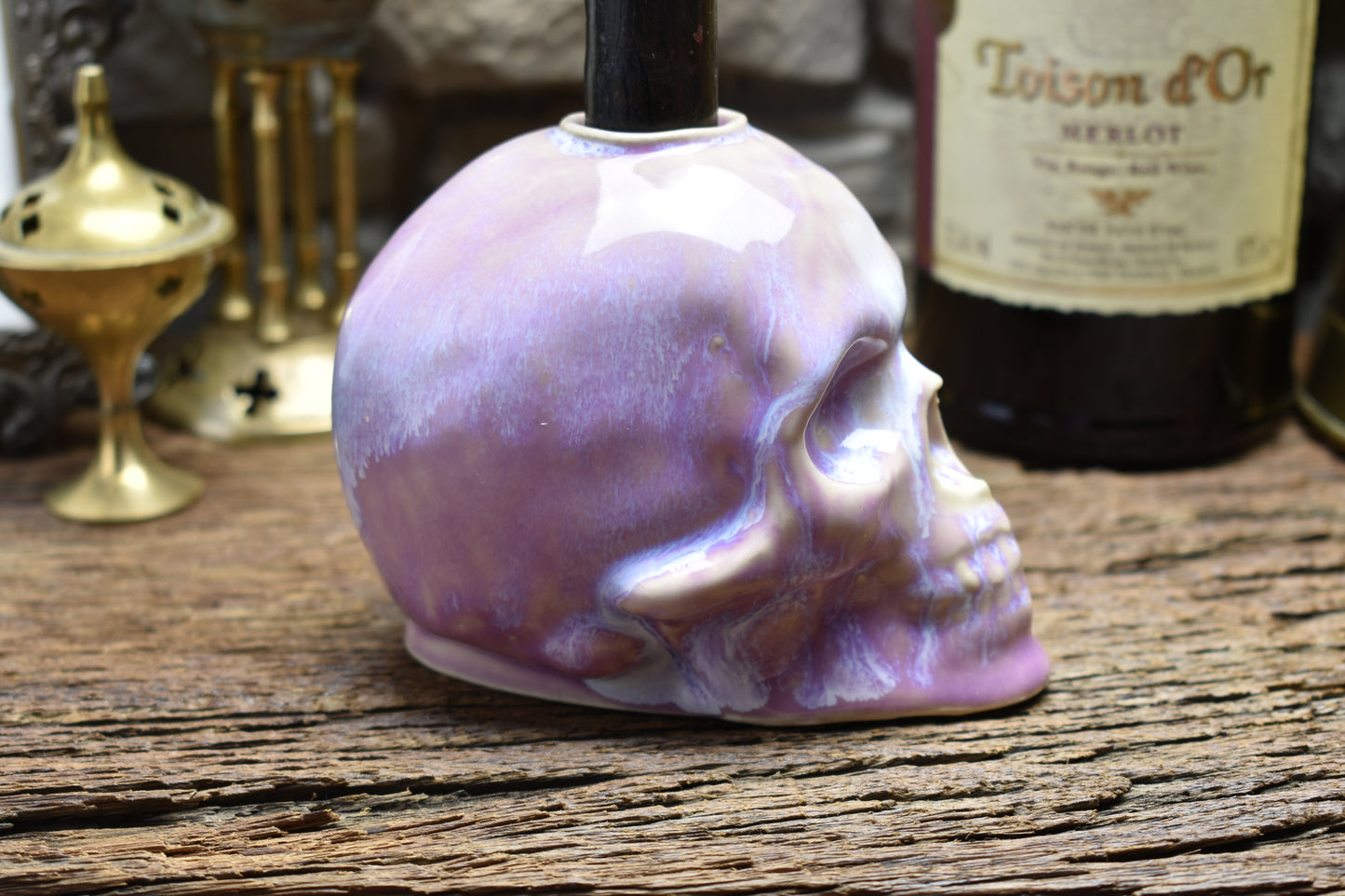 Skull candle holder lilac effect glaze