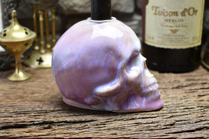 Skull candle holder lilac effect glaze