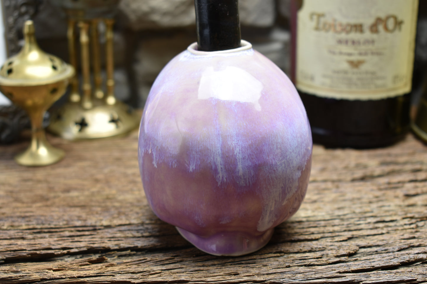 Skull candle holder lilac effect glaze