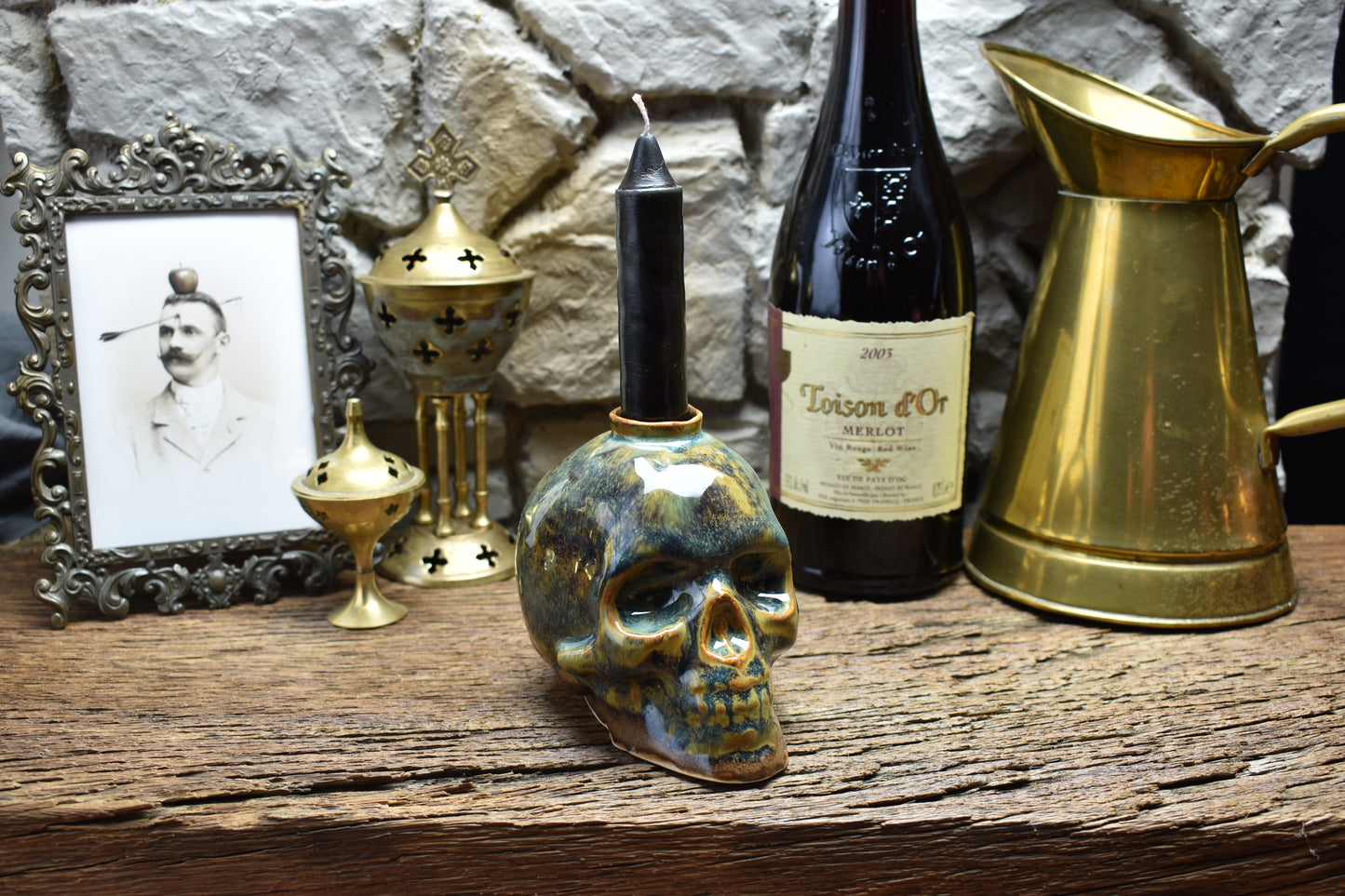 Skull candle holder blue/green effect glaze