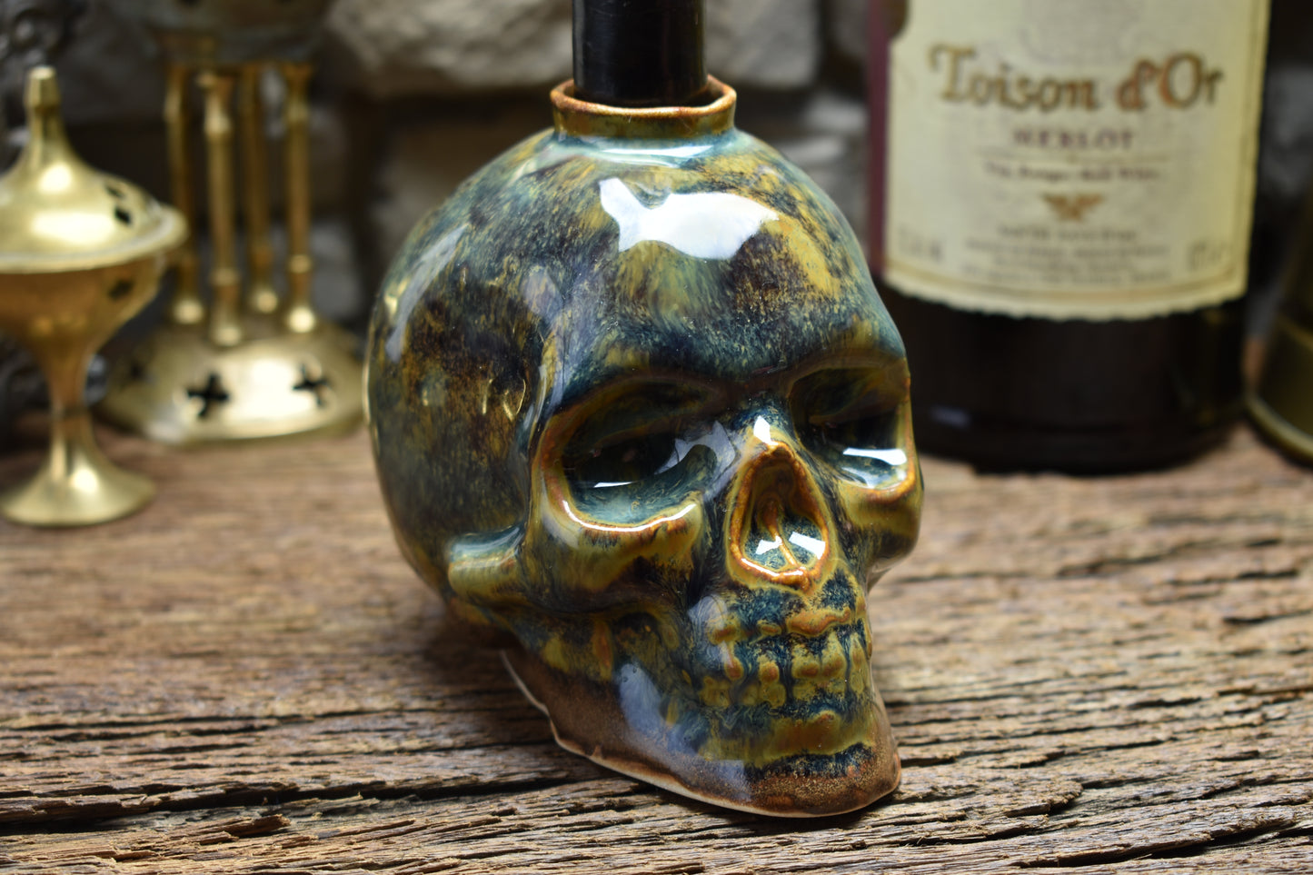 Skull candle holder blue/green effect glaze