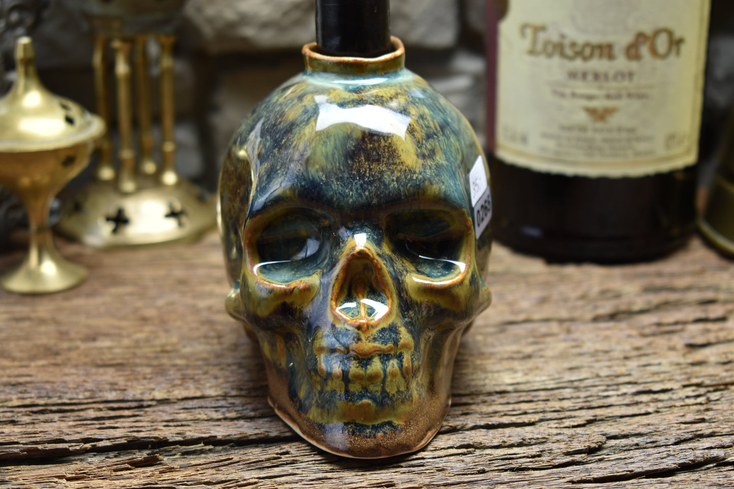 Skull candle holder blue/green effect glaze