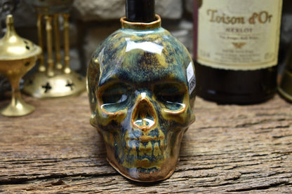 Skull candle holder blue/green effect glaze
