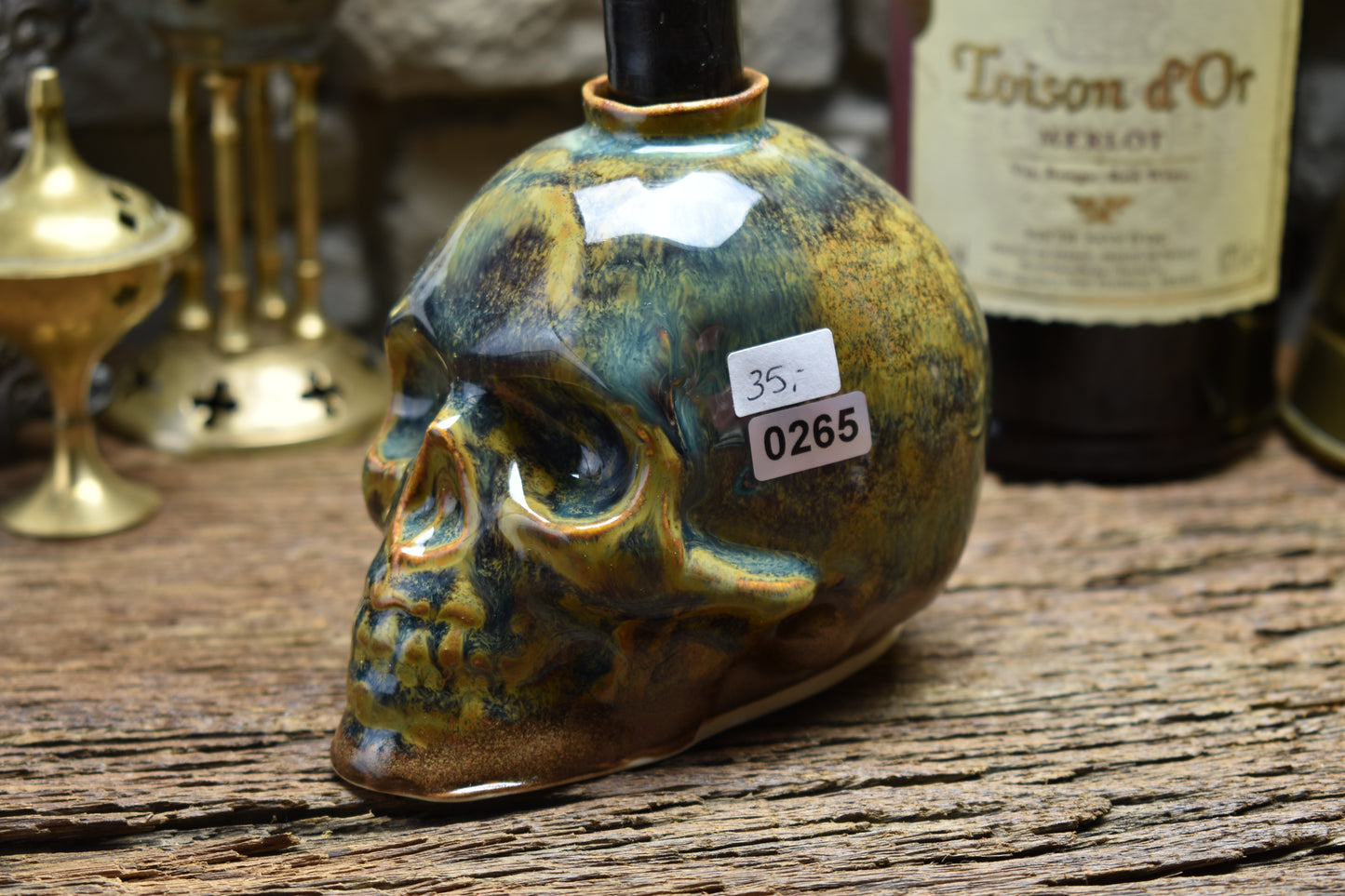 Skull candle holder blue/green effect glaze