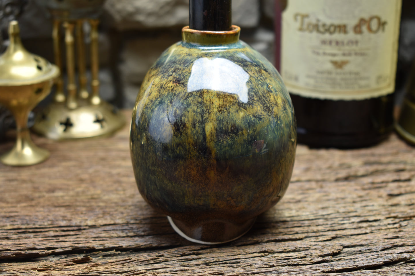 Skull candle holder blue/green effect glaze