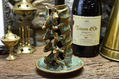 Spine candle holder medium green/brown effect glaze