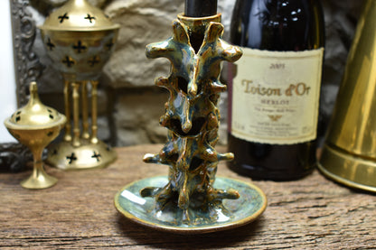 Spine candle holder medium green/brown effect glaze