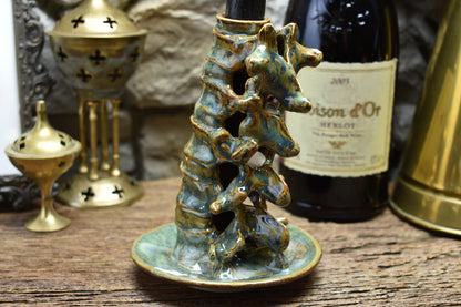 Spine candle holder medium green/brown effect glaze